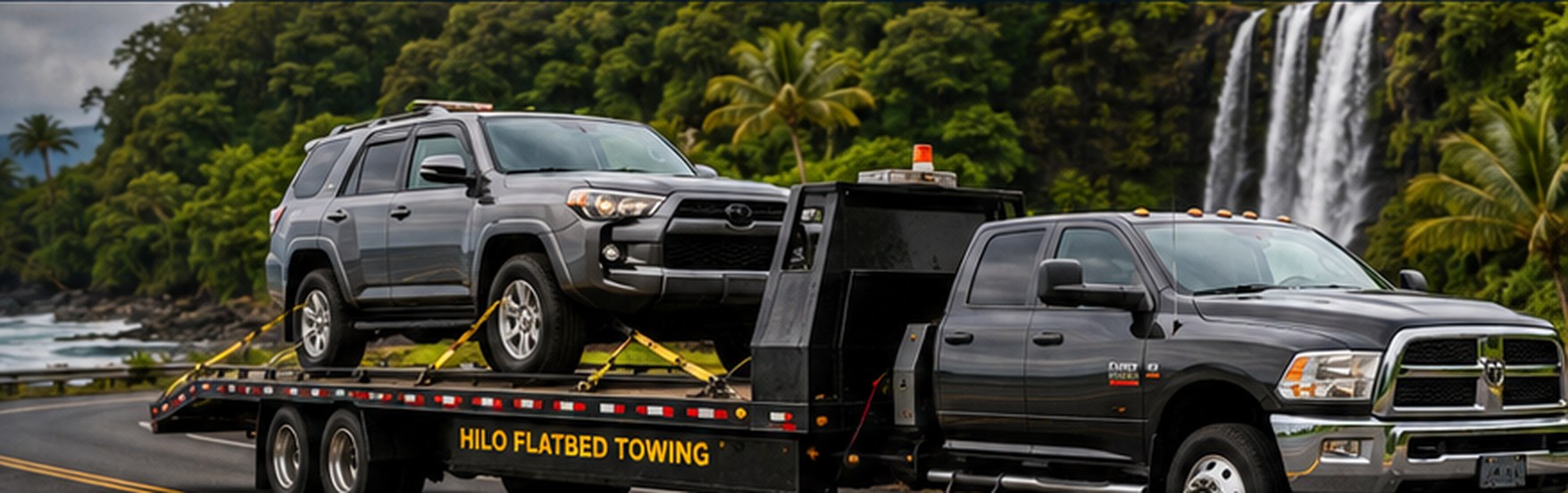 Hilo Flatbed Towing truck transporting an SUV along the Hamakua coast